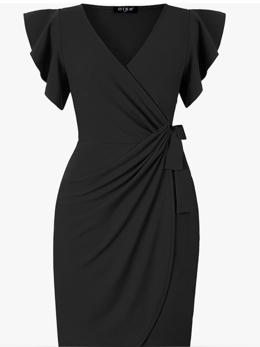 NWT Size M Oten Black Deep V Neck Ruffle Sleeve Wrap Dress